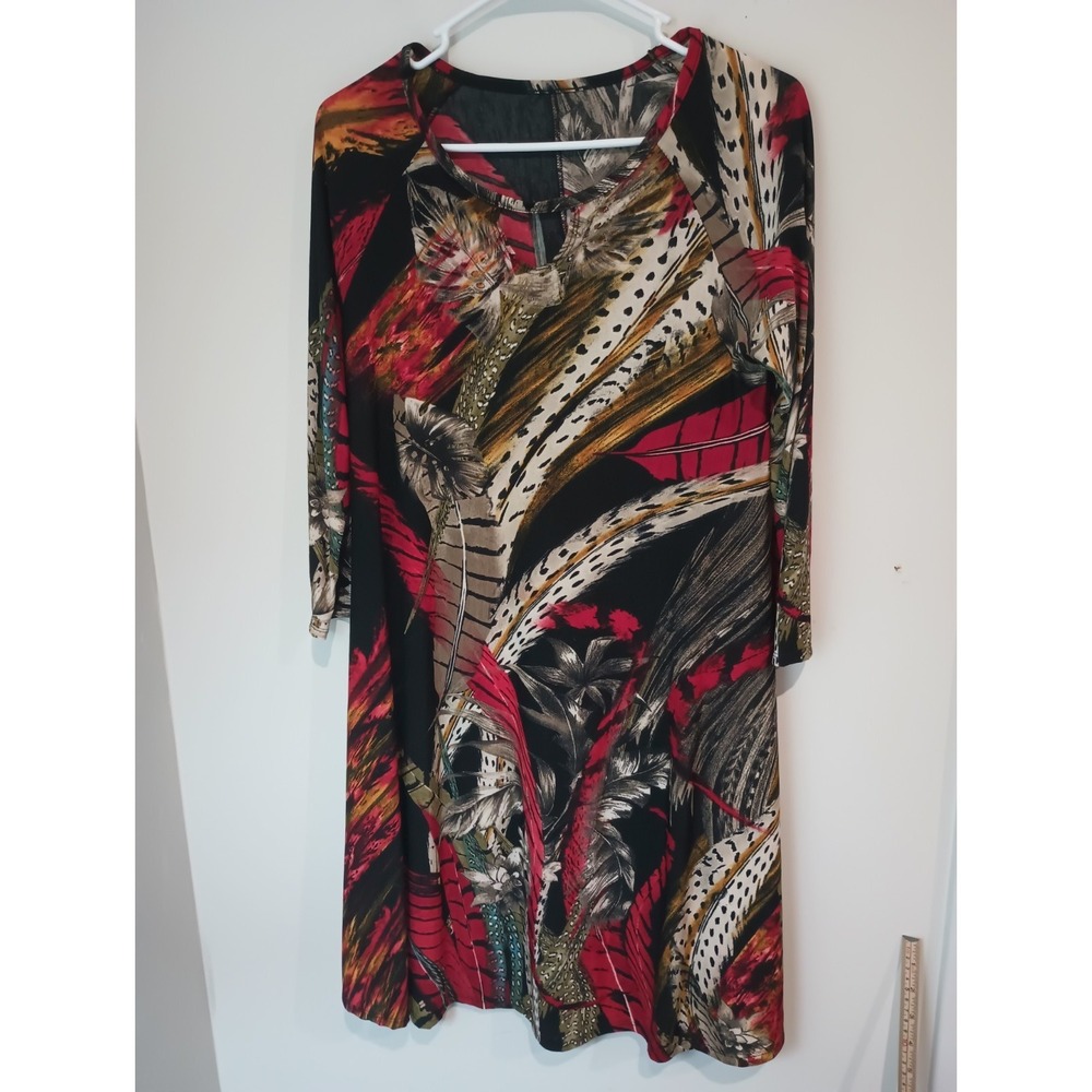 Vintage Style Tropical Feather Print Knit Dress M Medium Red Black Slv Made...